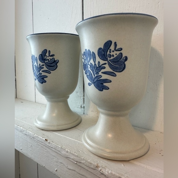 Pfaltzgraff Yorktowne Chalice Goblets Set 2 Vintage Stoneware Blue Cottagecore - Picture 4 of 10
